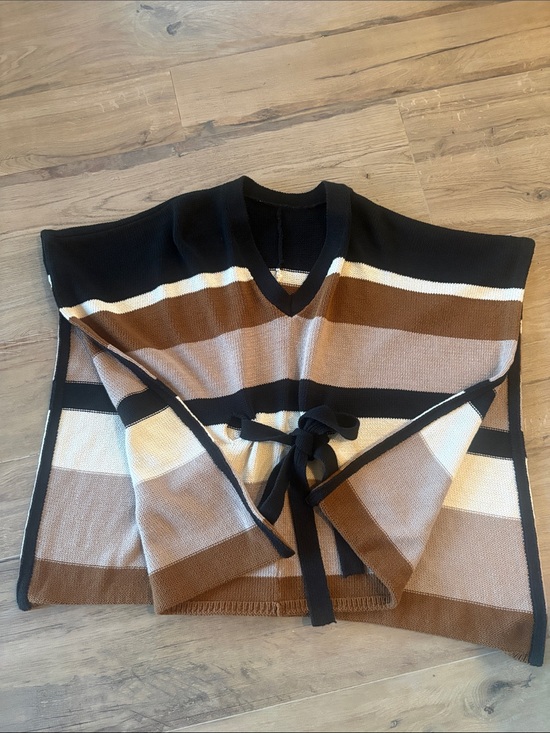Tina Turk Jackets & Blazers - Striped V-Neck Tie-Waist Poncho Sweater - Black, Brown & Cream